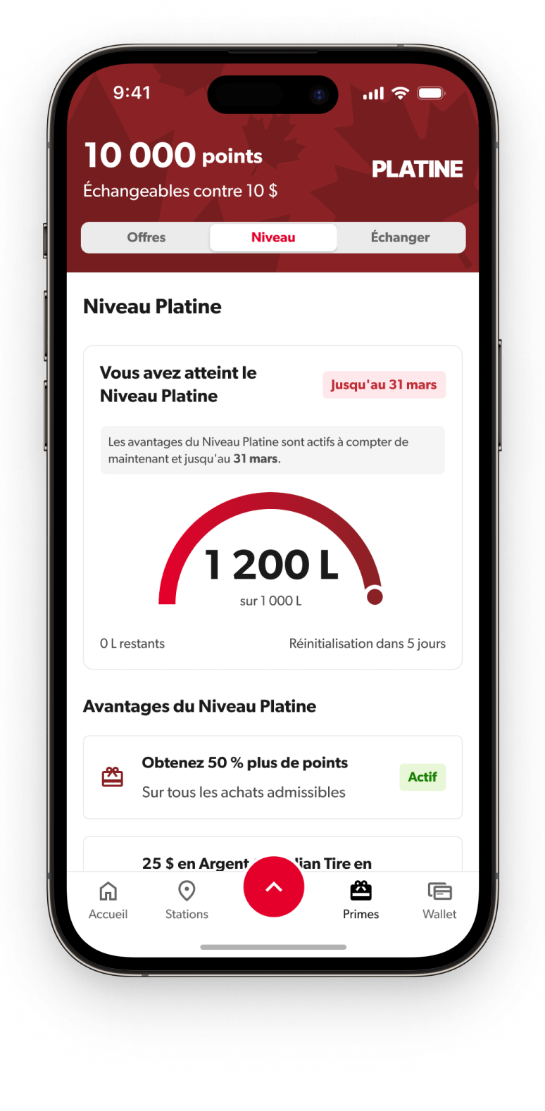 Téléphone affichant le statut platine dans l'application Petro-Points.